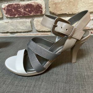 tahari teresa beige metallic strappy leather high heel sandal nib 8